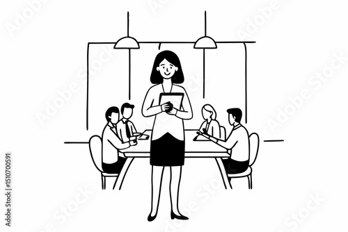 Smiling confident business leader looking at camera and standing in an office at team meeting. Portrait of confident businesswoman with colleagues in boardroom. Using digital tablet during a meeting