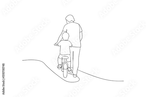 Father and son riding bike line art illustration