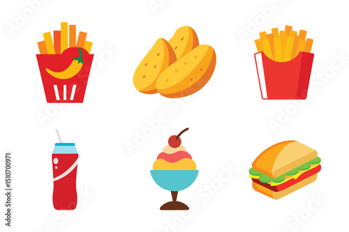 Fast food icons set with burgers pizza drinks and snacks