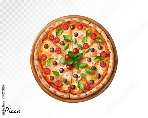Watercolor pizza with olives, basil and tomatoes, top view painted in warm tones, ideal for Italian cuisine and menu illustrations. Vector illustration