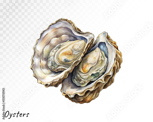 Watercolor oysters with realistic texture and shell detail, hand-painted in delicate hues for seafood, gourmet, and culinary designs. Vector illustration