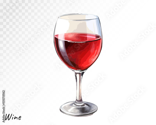 Watercolor illustration of a glass of red wine with reflections and highlights, ideal for menus, wine bars, or elegant culinary designs. Vector illustration