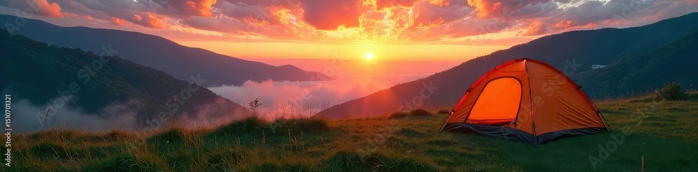 Fototapeta premium A vibrant sunrise paints the sky over a tent pitched in a lush, green meadow, mist clinging to the hills in the background The perfect weather camping scene , wild, serene, hills