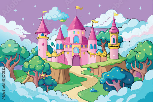 Fairytale pink castle enchanting landscape illustration