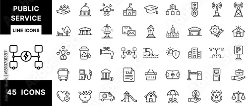 Public Service Line Icons Set Featuring Education, Water Supply, Waste Management, Public Transport, Postal, Healthcare, Parks, Safety, and Community Support Symbols