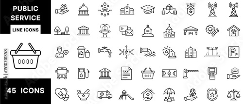 Public Service Line Icons Set Featuring Education, Water Supply, Waste Management, Public Transport, Postal, Healthcare, Parks, Safety, and Community Support Symbols