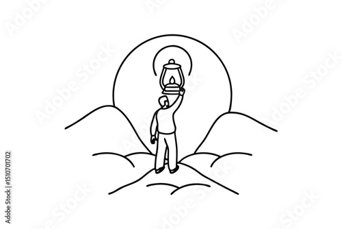 Man holding high a lantern on hilltop line art