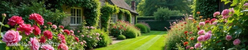 Charming English cottage garden overflowing with vibrant blooms, rambling roses, and lush greenery Perfect for idyllic home, gardening, and nature themes , house, texture, beautiful