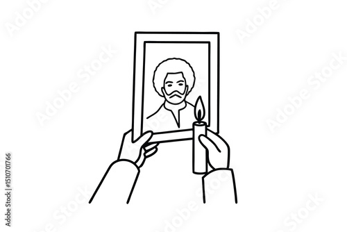Line art illustration hands holding portrait and candle remembrance