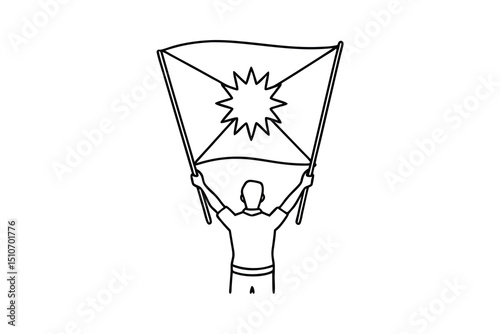 Person holding up a line art drawing of a flag
