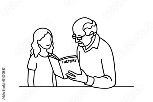 Grandfather and granddaughter reading history book line art