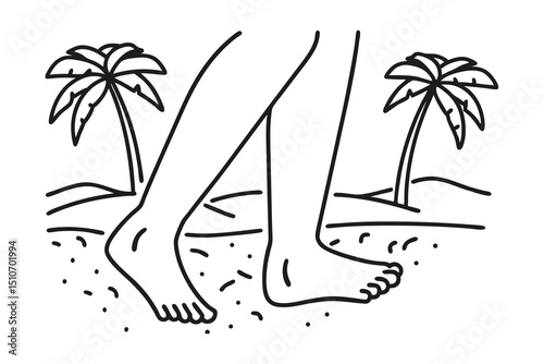 Bare feet walking on sandy beach line art tropical vacation