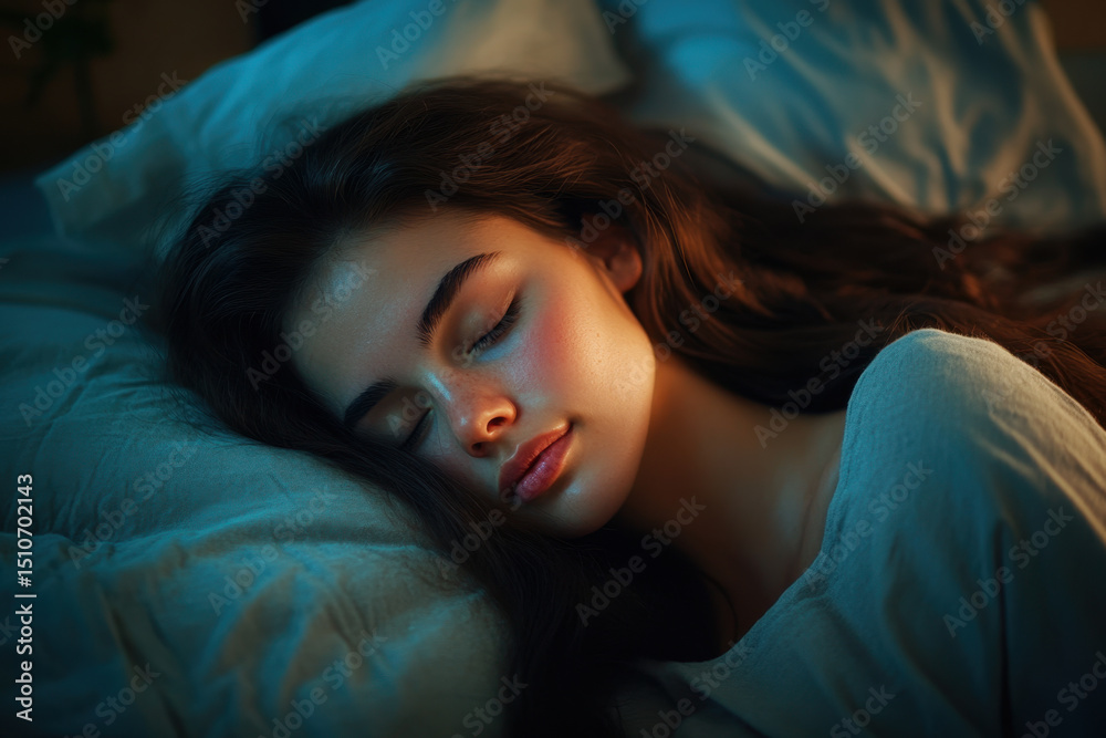 Woman sleeping peacefully, eyes gently shut in a cozy bed. Woman sleeping peacefully, eyes gently shut in a cozy bed.