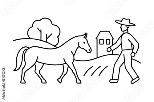 Farmer walking with horse line art rural scene illustration