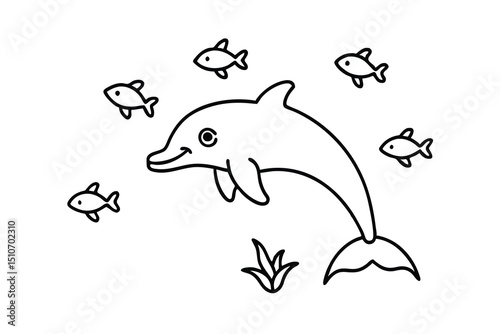 Happy dolphin swimming with little fish line art illustration