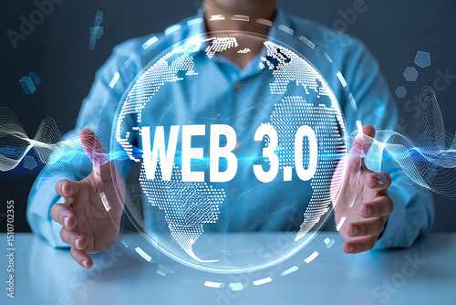 Person presenting the futuristic web 3.0 technology concept with digital globe illustration