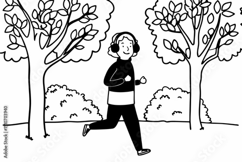 Happy senior man in headphones and sportswear jogging running outside in autumn park. Healthy active lifestyle on retirement and sport outdoor concept