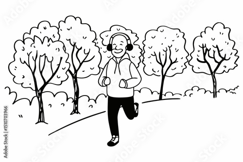 Happy senior man in headphones and sportswear jogging running outside in autumn park. Healthy active lifestyle on retirement and sport outdoor concept