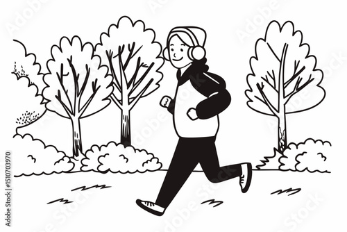 Happy senior man in headphones and sportswear jogging running outside in autumn park. Healthy active lifestyle on retirement and sport outdoor concept
