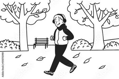 Happy senior man in headphones and sportswear jogging running outside in autumn park. Healthy active lifestyle on retirement and sport outdoor concept