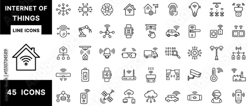 Wallpaper Mural Internet of Things Line Icons Set Featuring Smart Devices, Wearable Tech, Home Automation, Wireless Networks, Cloud IoT, Sensors, AI, and Connected Appliances Torontodigital.ca