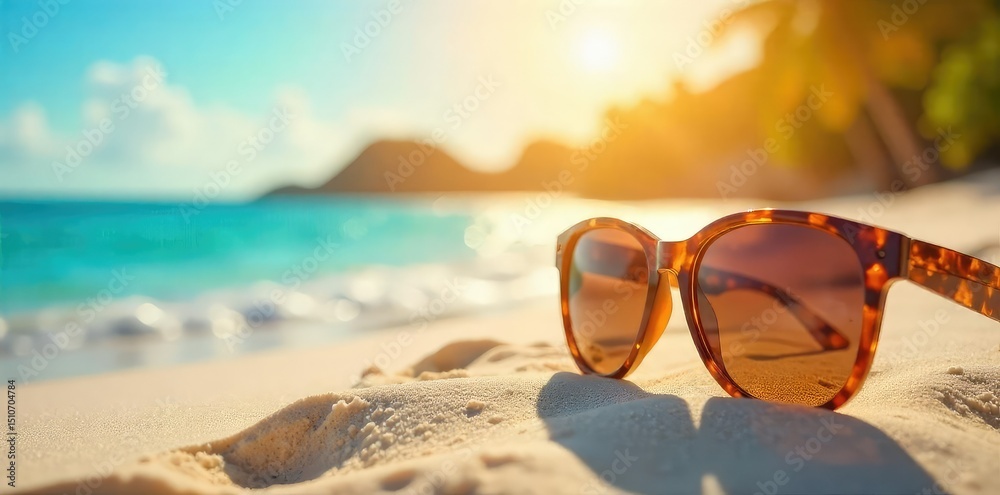 Stylish sunglasses resting on a vibrant summer beach scene, reflecting the sun's rays Perfect for travel, vacation, and summer themes , uv, reflection, summer Stylish sunglasses resting on a vibrant summer beach scene, reflecting the sun's rays Perfect for travel, vacation, and summer themes , uv, reflection, summer