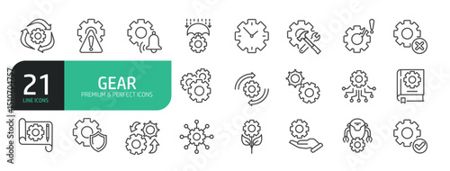Set Of Gear Line Icons. Contains such icons as Gear, Equipment, Engine, Settings, Engineering, Industry, Machine Part, Technology, Repair, Tool, Construction, and more.