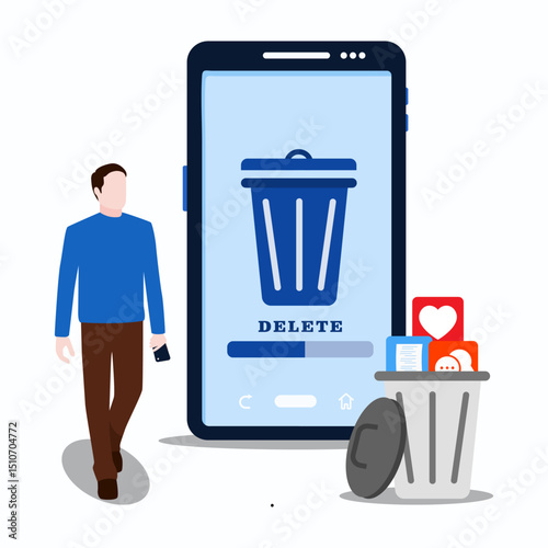 The concept of cleaning the phone from trash files. A man looks at the deletion progress screen on a smartphone.