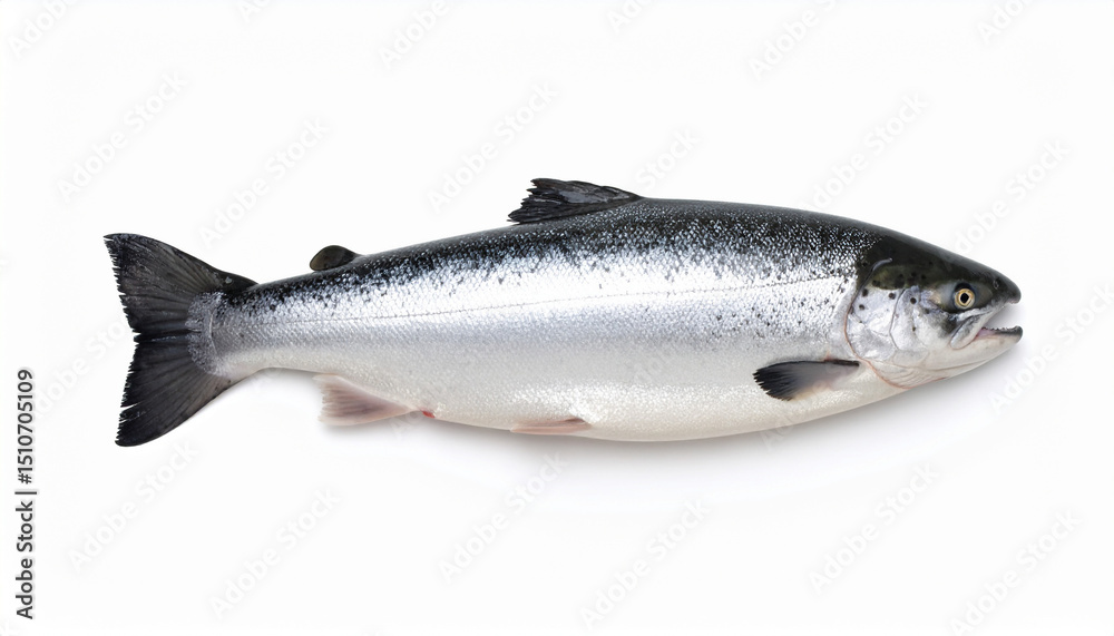 Close-up of grey Atlantic salmon fish, fresh seafood on white background, isolated
Close-up of grey Atlantic salmon fish, fresh seafood on white background, isolated