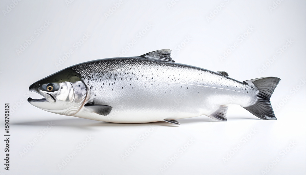 Naklejka premium Close-up of grey Atlantic salmon fish, fresh seafood on white background, isolated