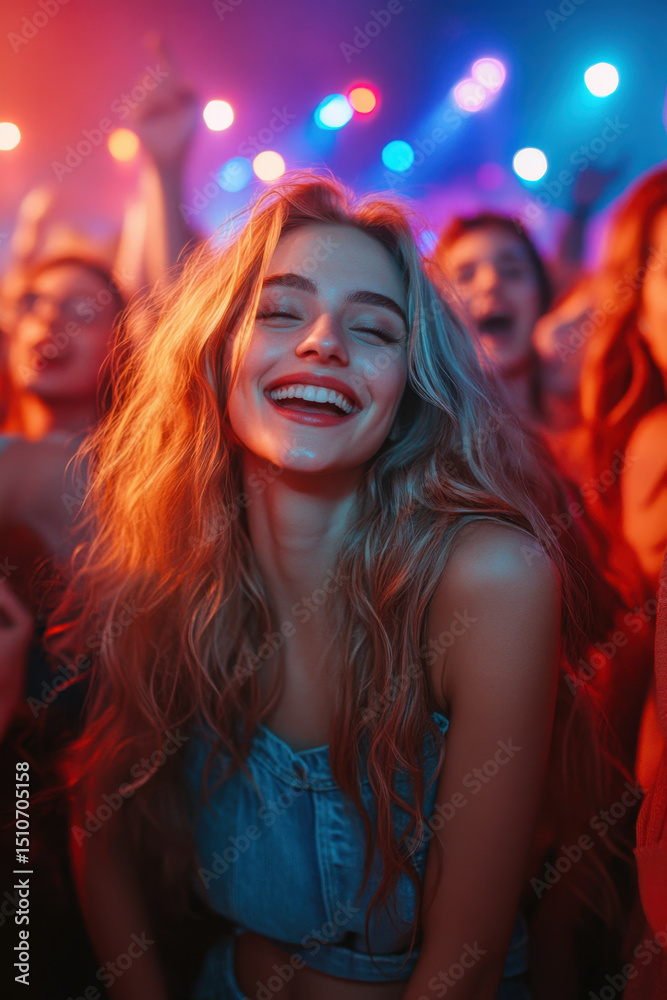 Woman laughing in concert crowd, joy evident on her face as lights illuminate the cheering audience. Woman laughing in concert crowd, joy evident on her face as lights illuminate the cheering audience.