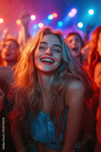 Woman laughing in concert crowd, joy evident on her face as lights illuminate the cheering audience.