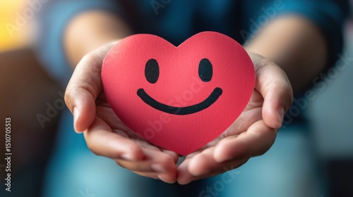 paper cut smiley face in hands make heart symbol for protection around on  background with kids . positive thinking, mental health, assessment, world mental health day concept