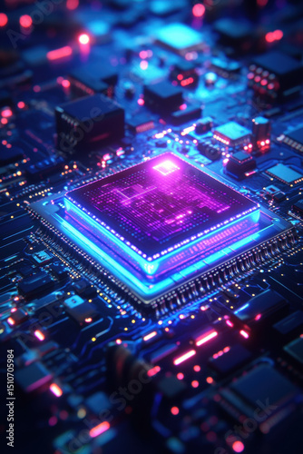 CPU chip on circuit, surrounded by electronic components and connectors, showcasing intricate technology and precision engineering.