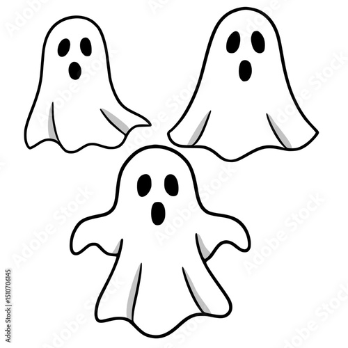 A playful vector illustration featuring three cartoon ghosts with simple, bold outlines and a surprised expression, perfect for Halloween designs.