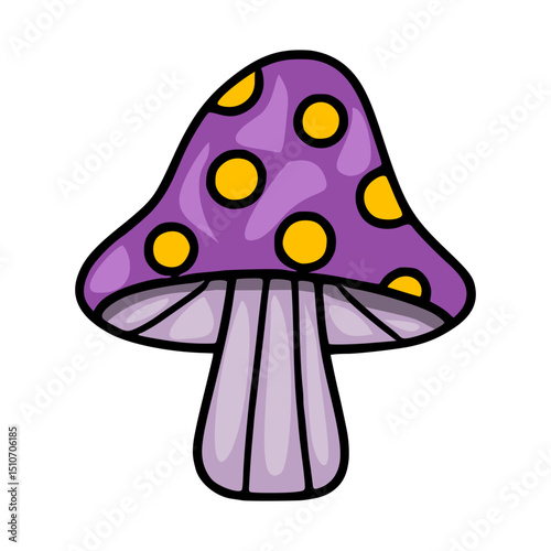 Adorable vector illustration of a whimsical purple mushroom with yellow polka dots, featuring a cartoonish style and distinct color palette, perfect for childrens books or Halloween designs.
