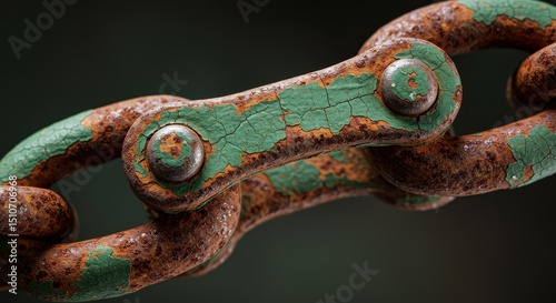 Close-up of a weathered, rusted metal chain link with peeling green paint against a blurred background