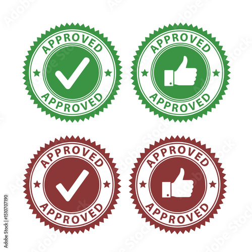 Spiked Seal Approval Badge Icons: Green & Red Vector Set (Check mark, Thumbs-Up)