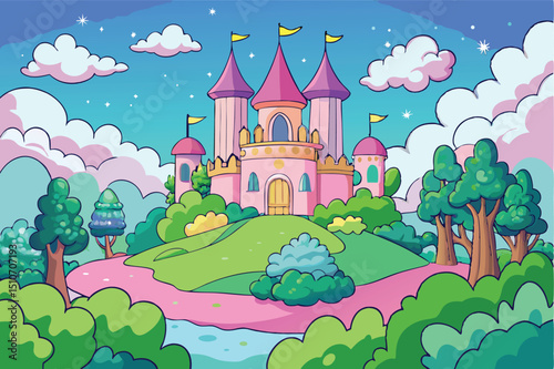 Fairytale pink castle on hilltop, cartoon illustration