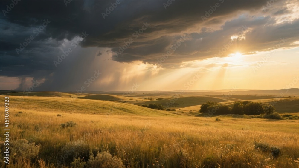 Storm clouds loom over prairie as golden light pierces through, nature's dramatic contrast unfolds Storm clouds loom over prairie as golden light pierces through, nature's dramatic contrast unfolds