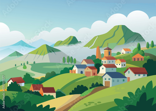 Idyllic village nestled in green mountains landscape