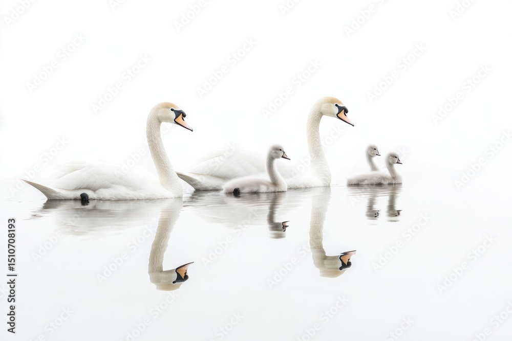Fototapeta premium 4 Serene swan family swimming together in a still lake with each birds reflection visible on the surface