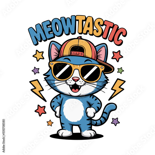 Cat wearing sunglasses and a hat.