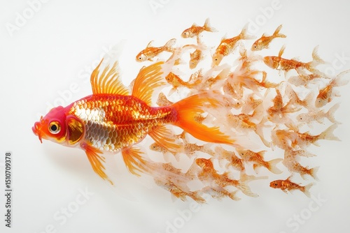 A bright goldfish going against the current of a large school of dull-colored fish, symbolizing resilience and breaking away from the norm