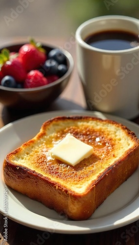 Golden brown toast slathered with melting butter, alongside a bowl of fresh berries and a steaming mug A perfect start to a sunny morning , comfort food, spring, tea