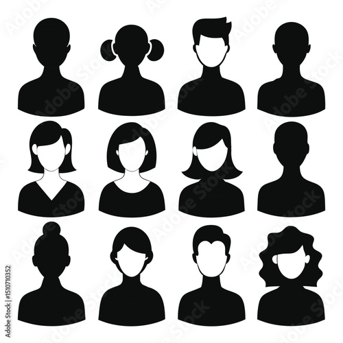 Twelve diverse black silhouette profile icons people avatars
