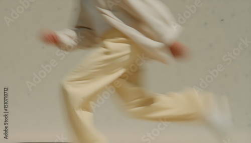 Blurred image capturing the dynamic motion of a person running in beige clothing against a neutral background.
