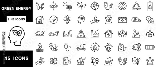 Green Energy Line Icons Set Featuring Renewable Power, Eco-Friendly Technology, Electric Vehicles, Recycling, Sustainable Industry, Solar, Wind, and Battery Systems