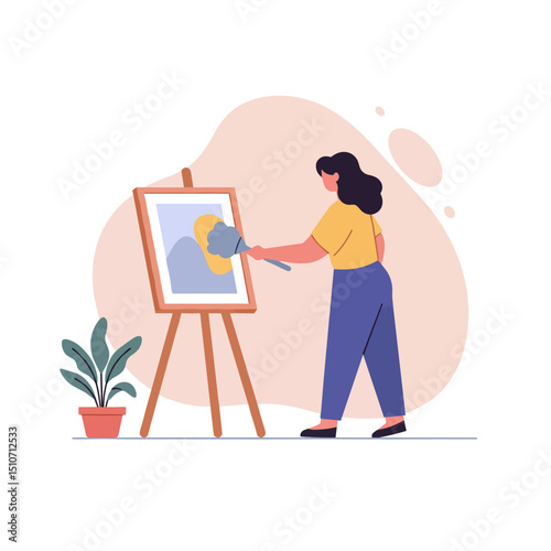 Woman painting on easel in bright art studio with potted plant  