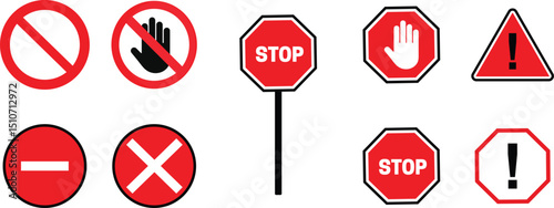 A collection of red STOP sign icons, featuring a hand gesture alongside the standard stop sign. This set includes warning, attention, prohibition, danger, and alert symbols, representing a road sign.